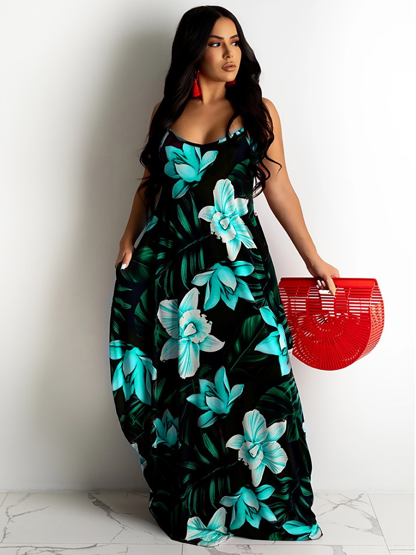  Boho Dress Floral Print V Neck Maxi Dress
