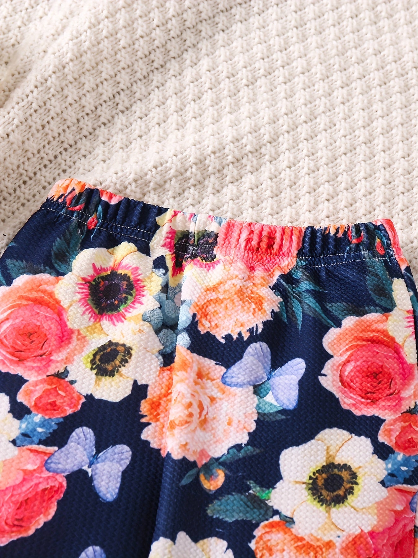 Boho Floral Print Bell Bottom Pants Elastic Waist Stretchy Fit Casual Trousers