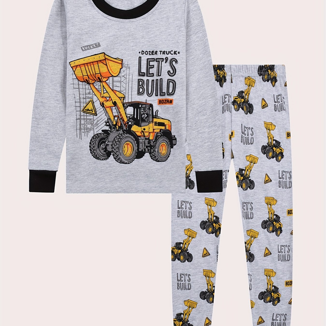 Excavator Pattern Kid's Pajamas 2pcs Long Sleeve Top & Pants Set