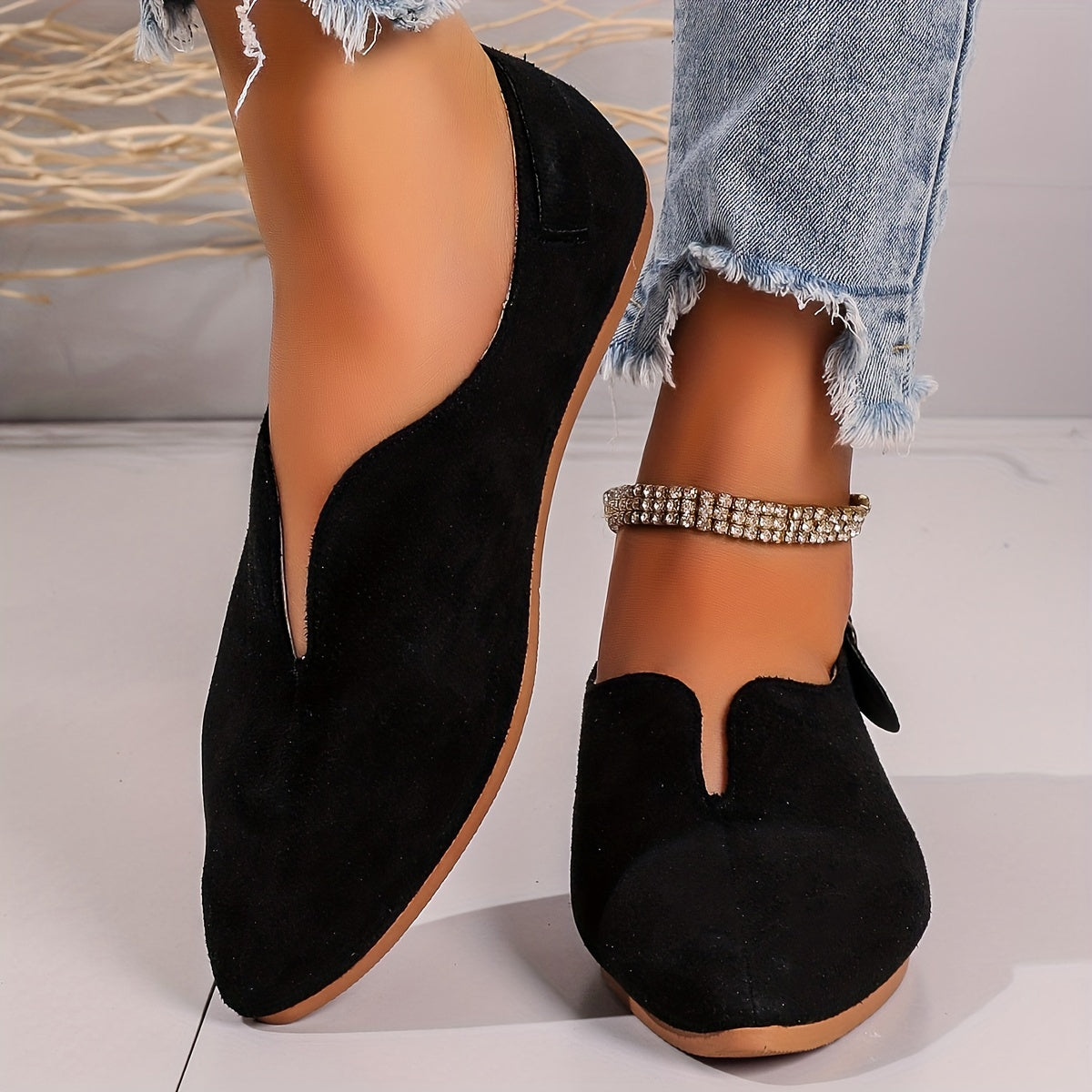 Solid V Cut Loafers Minimalist Buckle Slip On Flat Shoes