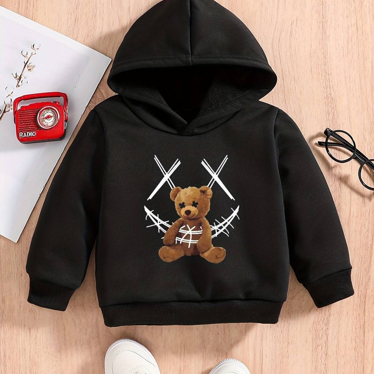 Teddy Bear Print Baby Boys Hooded Sweatshirt