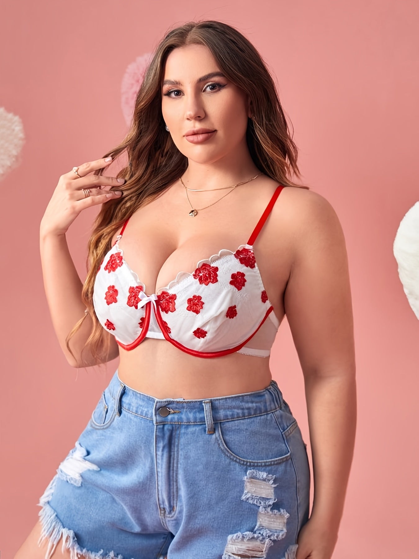  Sexy Bra Women's Plus Floral Print Bow Knot Contrast Mesh Lingerie