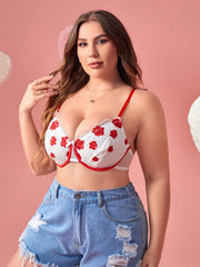  Sexy Bra Women's Plus Floral Print Bow Knot Contrast Mesh Lingerie