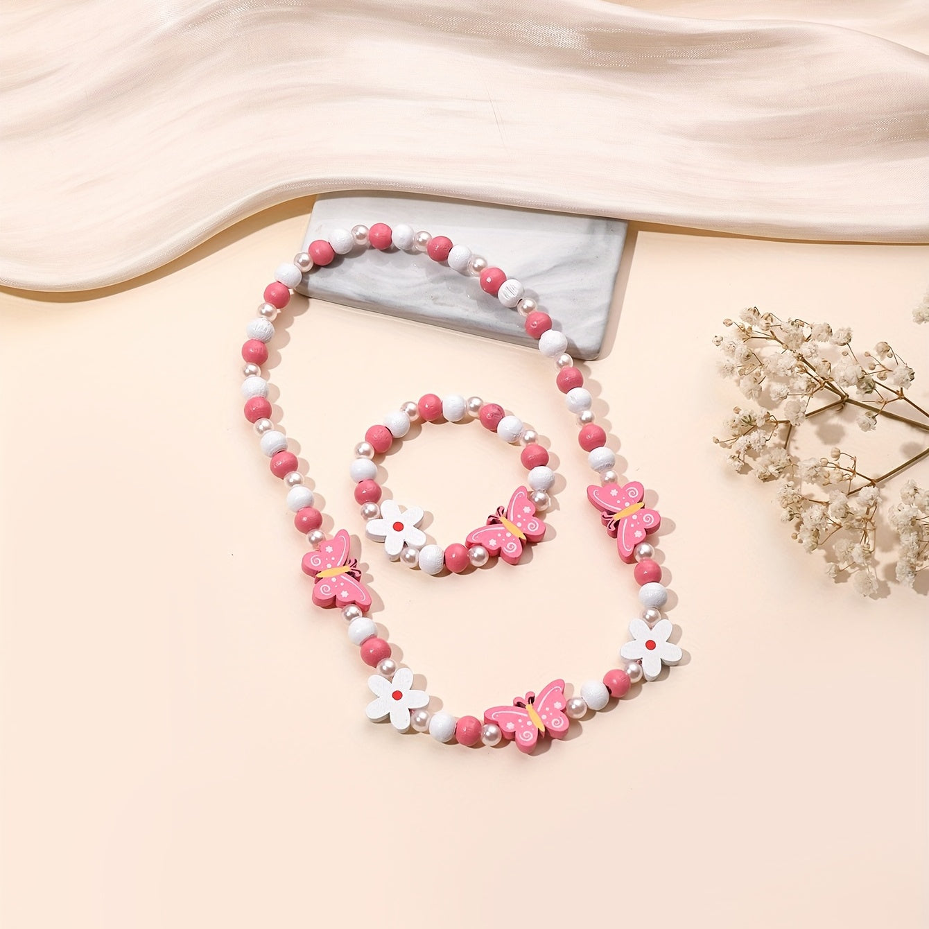 Cartoon Butterfly Flower Rainbow Beaded Necklace Bracelet Set for Girls