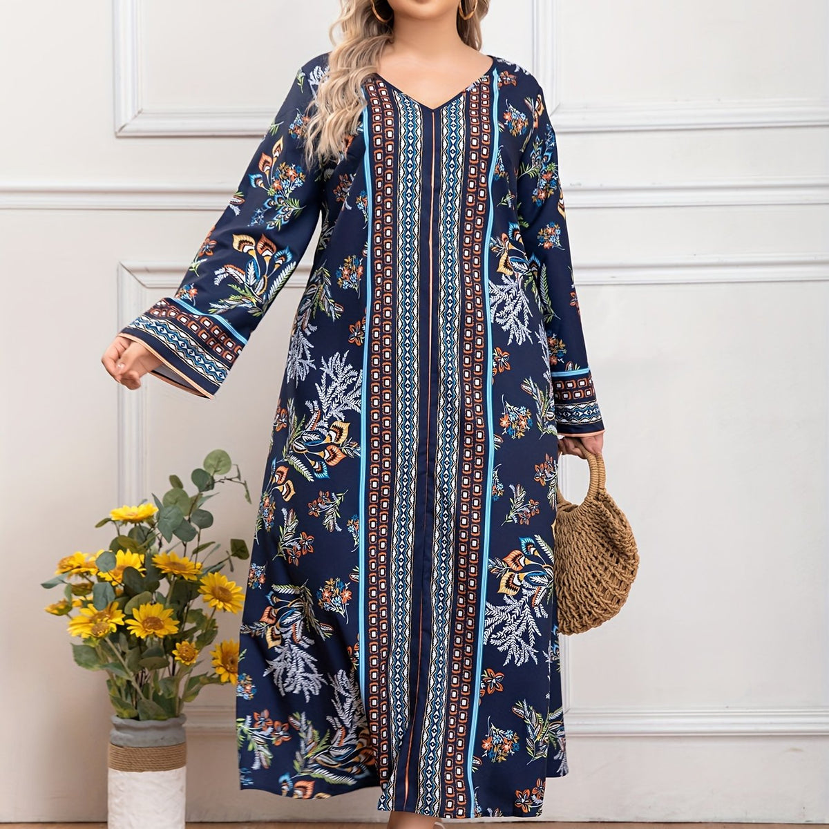  Colorblock Floral Print V Neck Maxi Dress