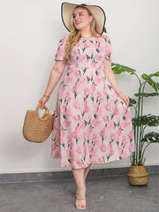 Women's Plus Floral Print Short Sleeve Midi Dress