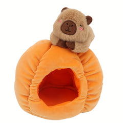 Halloween Plush Capybara in Pumpkin House Soft Stomach Cozy
