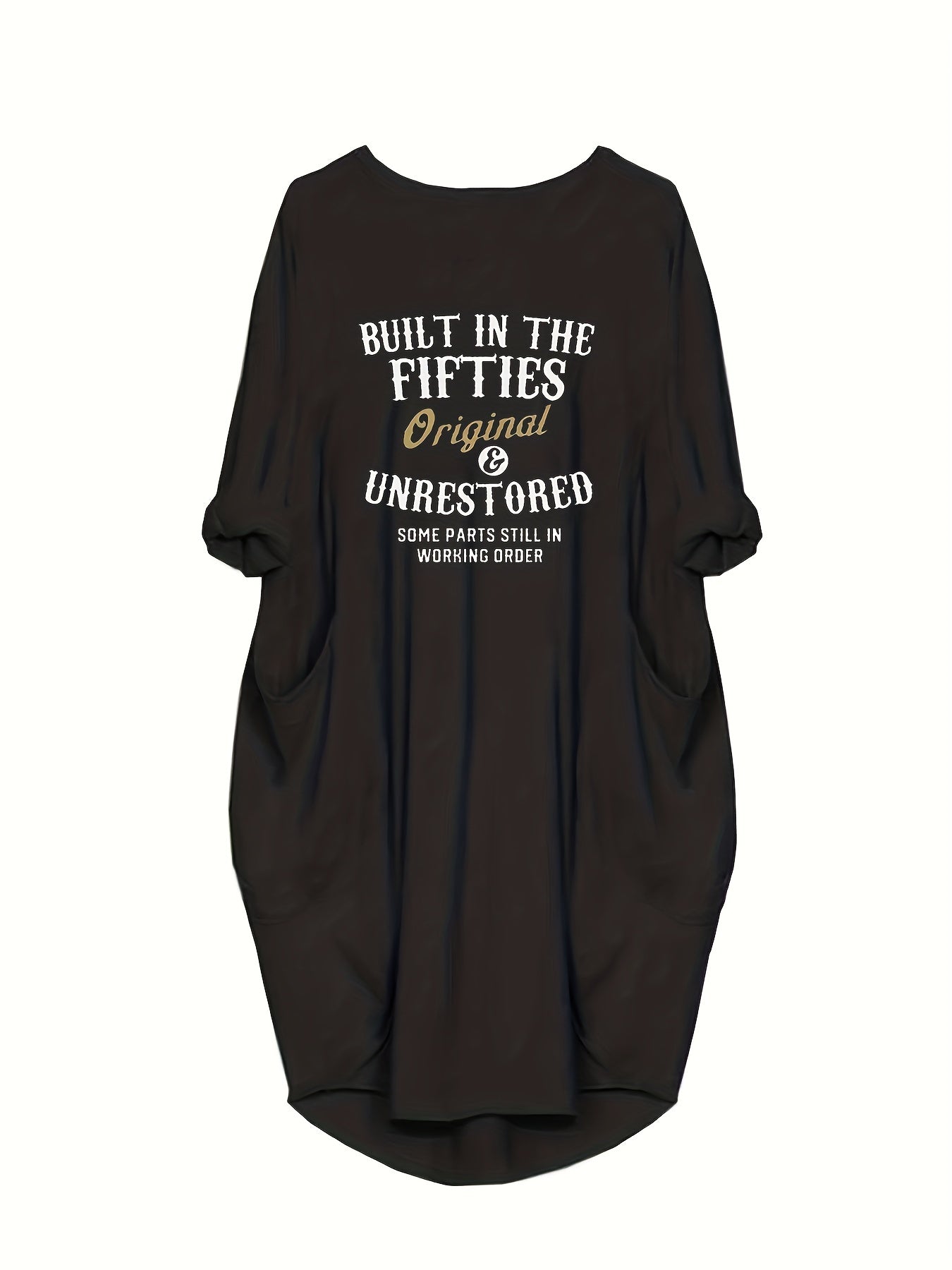  Slogan Print Long Sleeve Round Neck Loose Fit Casual Dress