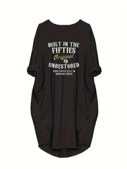  Slogan Print Long Sleeve Round Neck Loose Fit Casual Dress