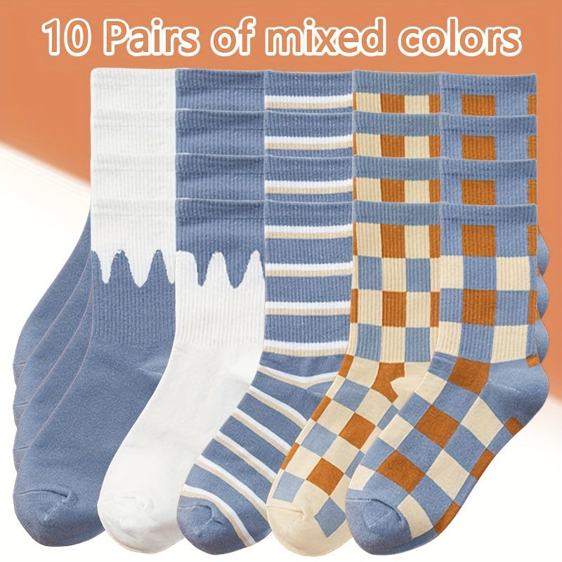 10 Pairs Plaid & Striped Print Socks Women's Stockings & Hosiery