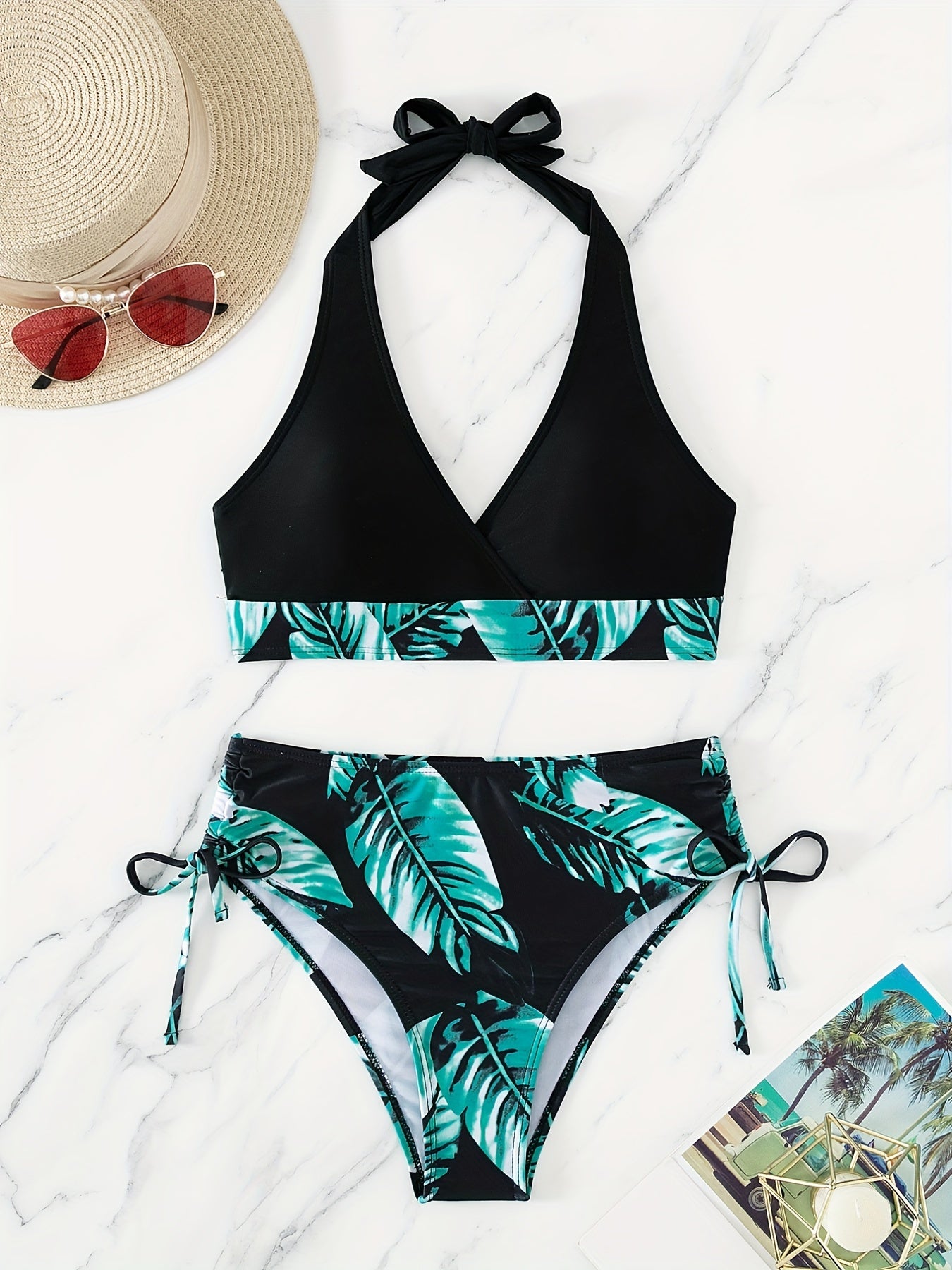 Leaf Print Backless Bikini Set High Waist Two Piece Swimsuit