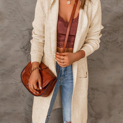  Solid Long Sleeve Open Front Hooded Cardigan With Pockets
