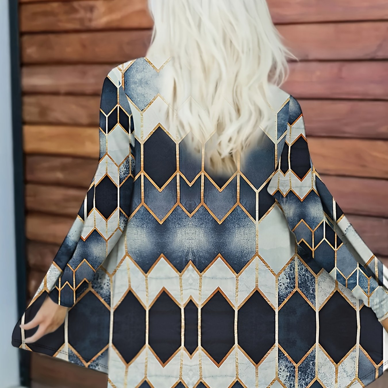  Colorblock Geometric Print Stretch Cardigan