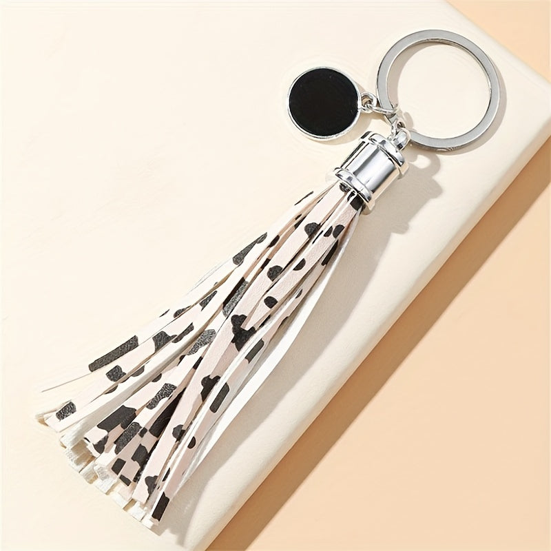 Cow Pattern Tassel Keychain PU Round Pendant Luggage Backpack Key Ring