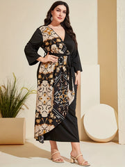  Boho Dress Women's Plus Colorblock Floral Print Long Sleeve