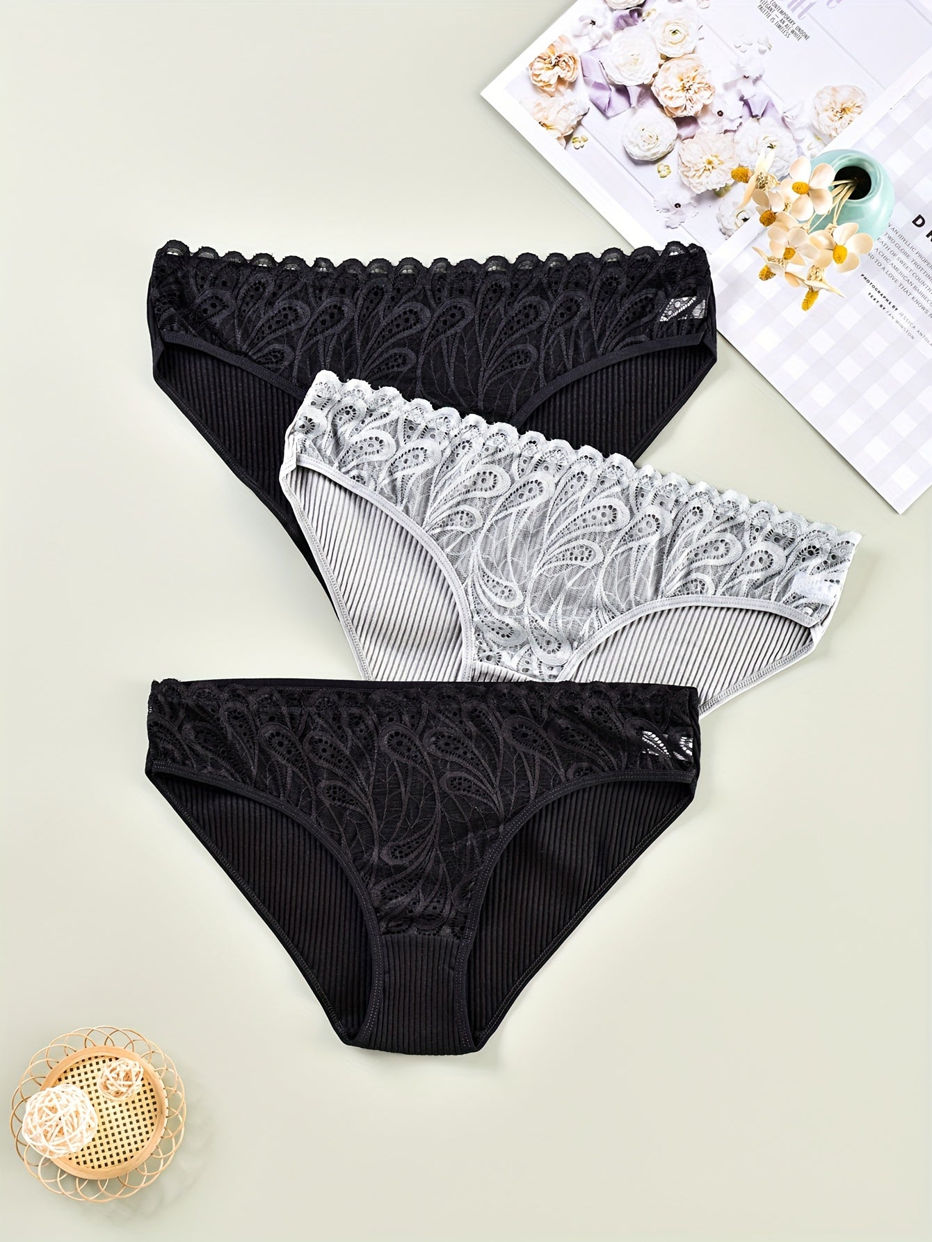 3 Pack Plus Size Panties Set Contrast Lace Briefs