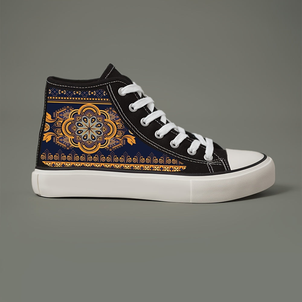 Ethnic Print High Top Canvas Sneakers, Non Slip Chunky Shoes