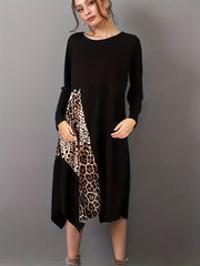 Leopard Print Lounge Dress Long Sleeve Crew Neck Women's Loungewear