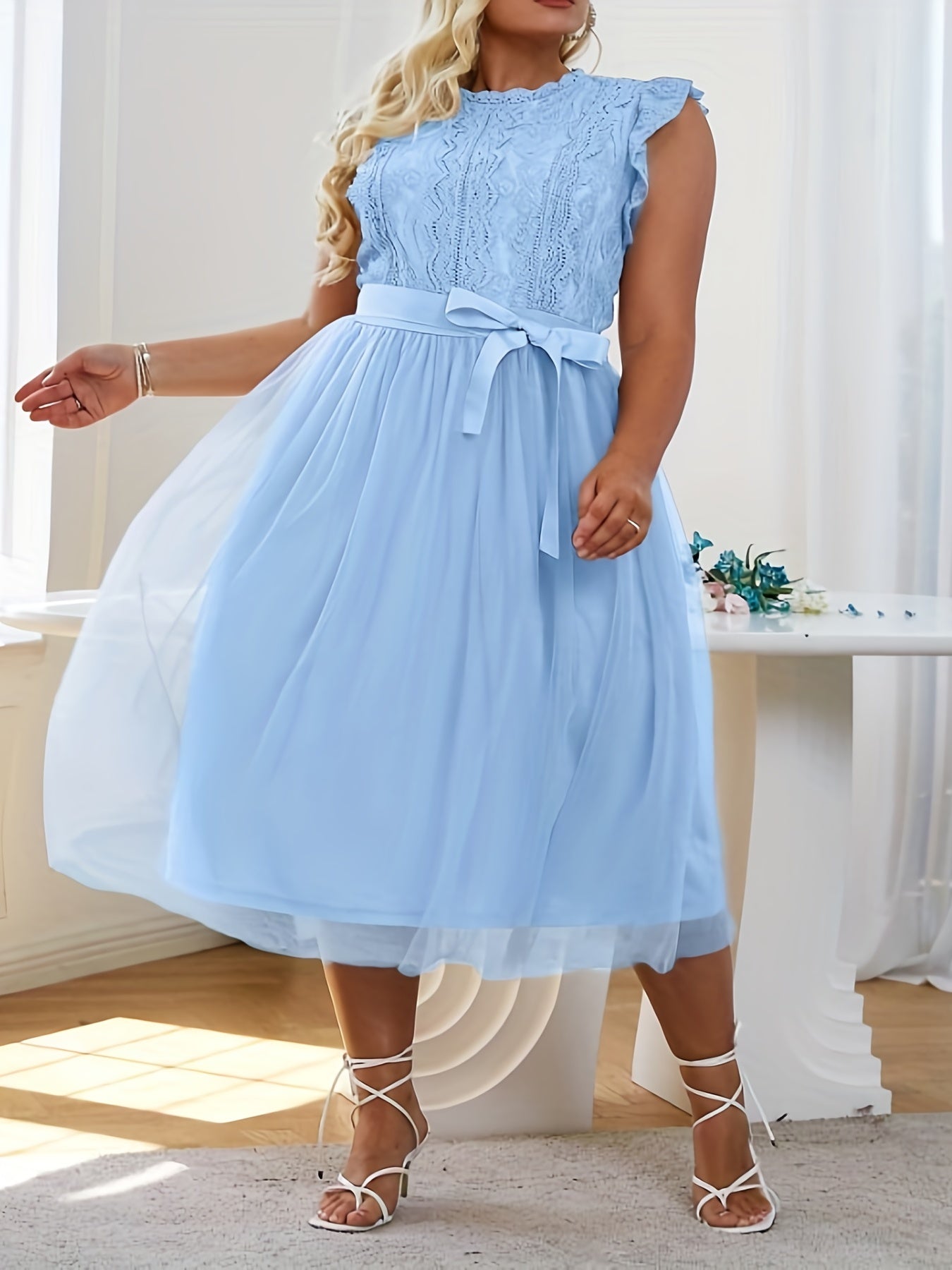  Party Dress Women's Plus Solid Lace Contrast Mesh Ruffle Sleeve