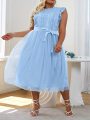  Party Dress Women's Plus Solid Lace Contrast Mesh Ruffle Sleeve
