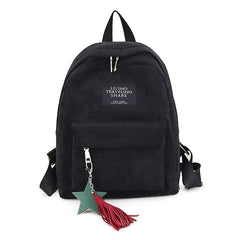 Corduroy Backpack with Letter Patch Solid Zipper Preppy Tassel Decor
