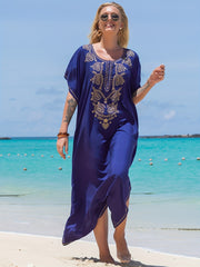 Women's Plus Size Boho Abaya Dress Embroidered V Neck Maxi Caftan Dress