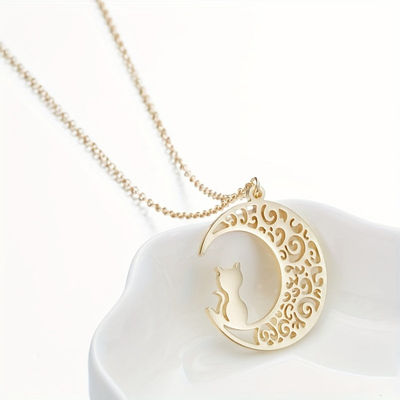 Moon Cat Necklace Stainless Steel Hollowed Out Collarbone Accessory
