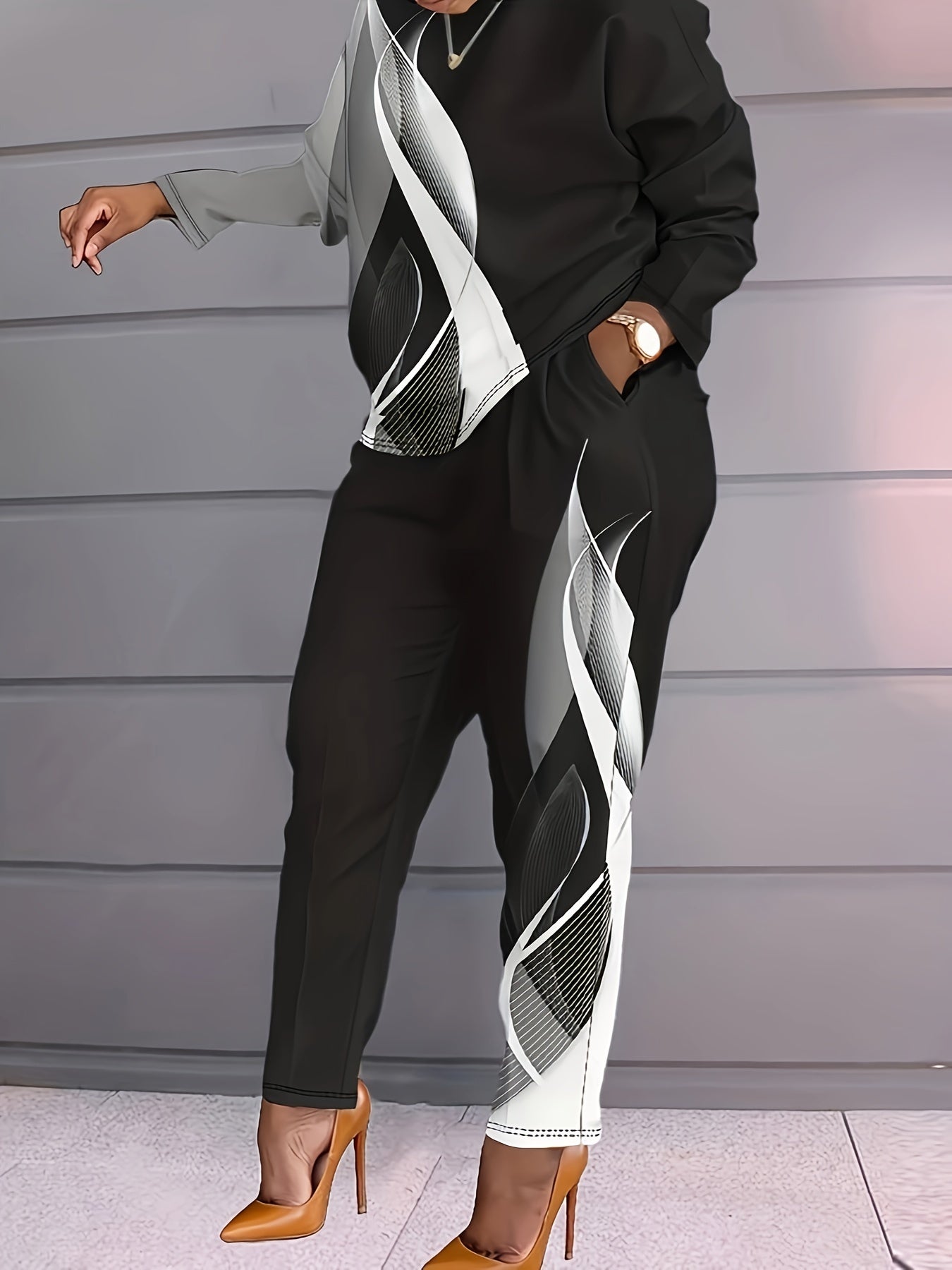  Graphic Print Pullover Top & Pants Two Piece Set