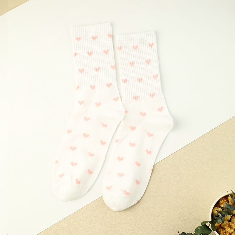 3 Pairs Heart Print Socks Comfy & Breathable Women's Mid Tube Stockings