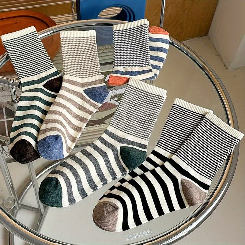 5 Pairs Striped Colorblock Socks Mid Tube Women's Stockings & Hosiery