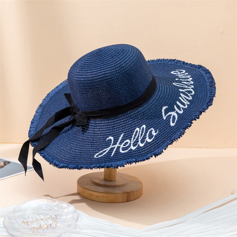 Large Sun Hat Hello Sunshine Embroidery Straw Hats Breathable Travel Beach Cap