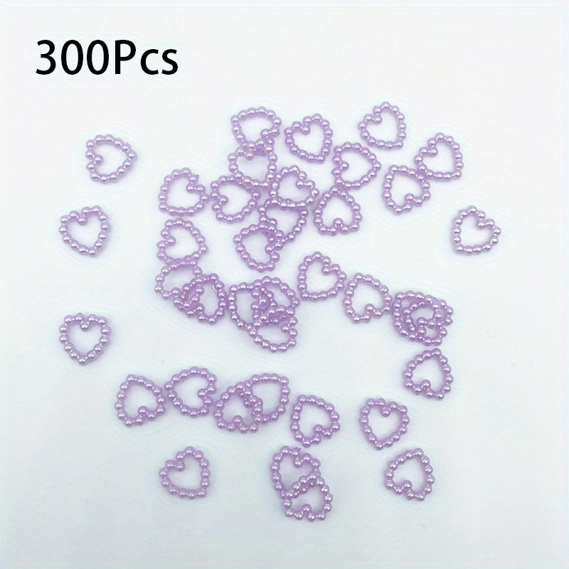 300Pcs Colorful Hollow Pearly Heart Pearl Nail Charm Acrylic Heart Decoration