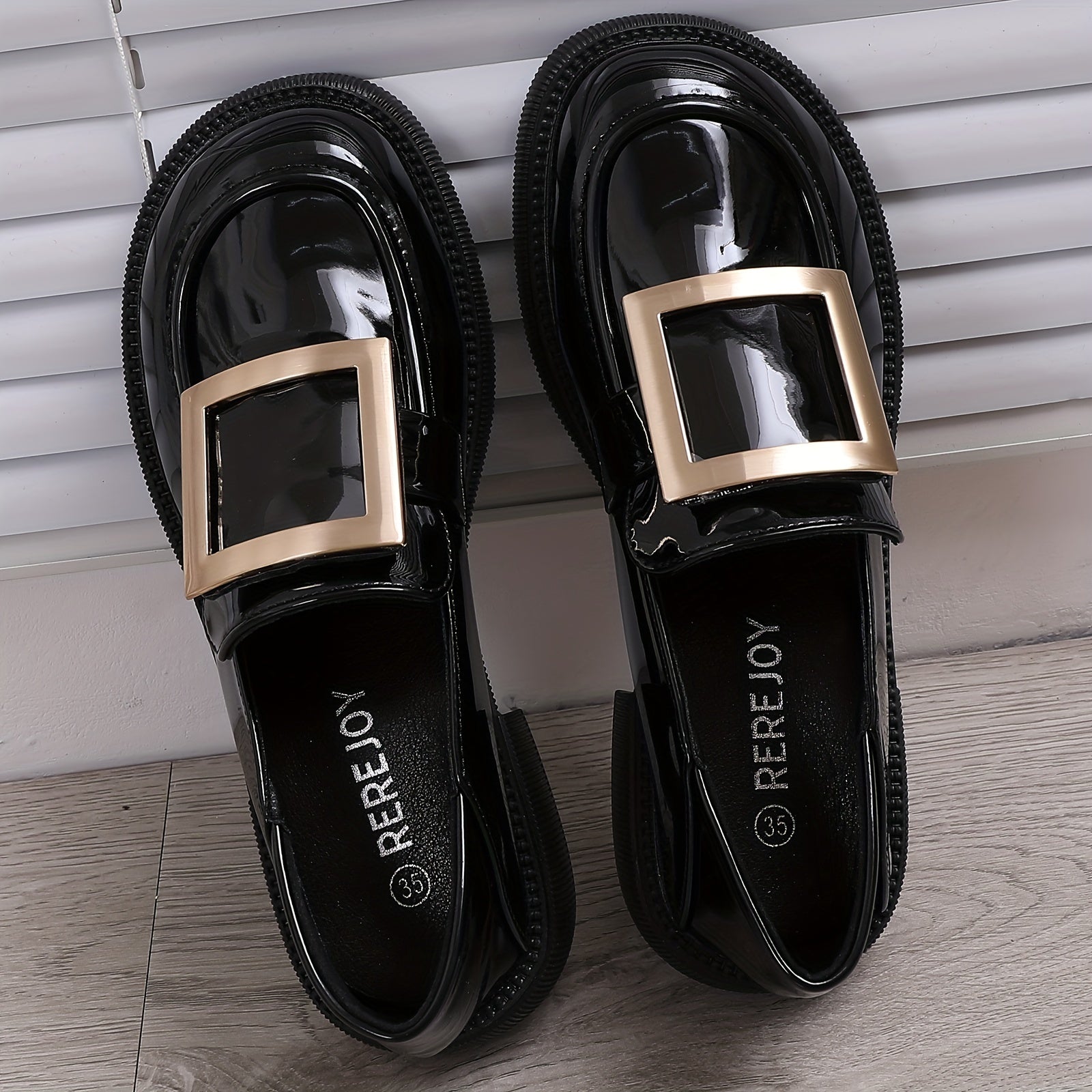 Metallic Buckle Chunky Heel Loafers Faux Leather Comfortable Walking Shoes