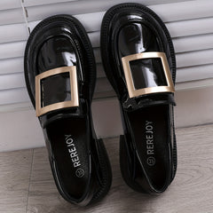 Metallic Buckle Chunky Heel Loafers Faux Leather Comfortable Walking Shoes