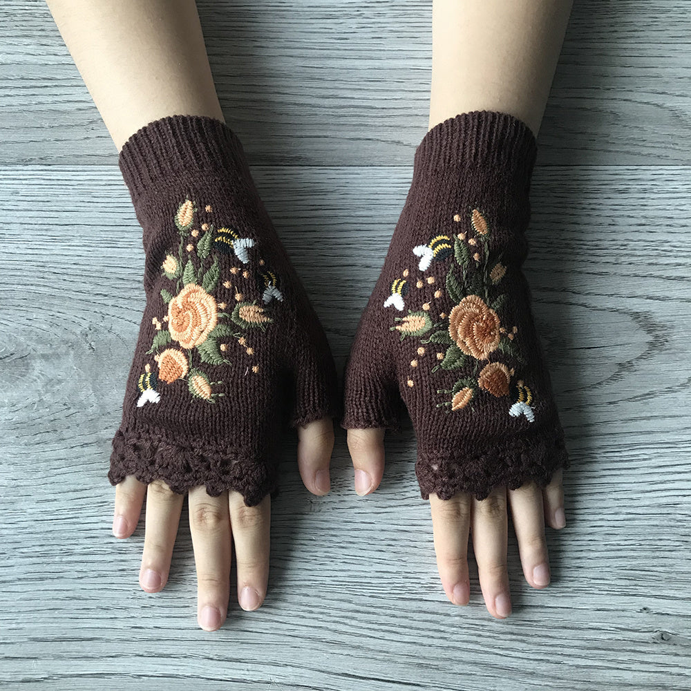 Women's Flower Knit Fingerless Gloves