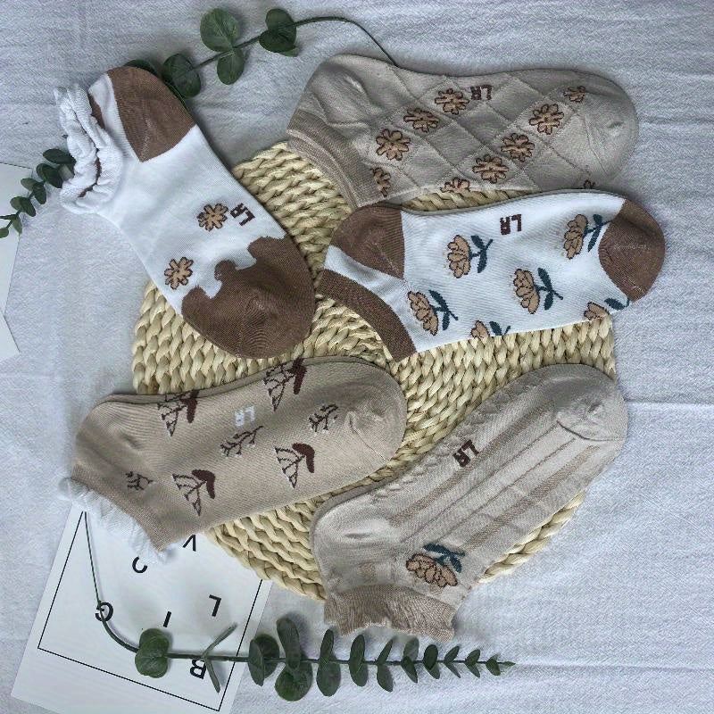 5 Pairs Floral Print Ruffle Socks Low Cut Ankle Stockings Lightweight