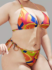  Abstract Print Bikini Set Backless Halter Neck Swimsuit Two Piece