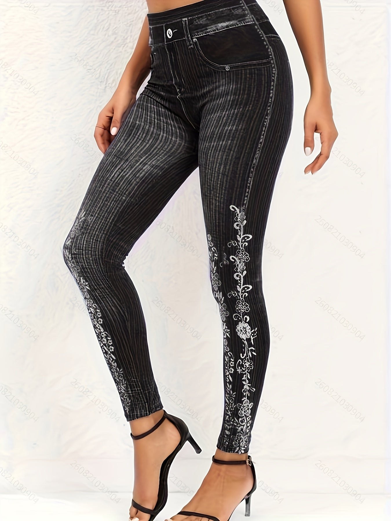  Floral Denim Print Leggings High Rise Medium Stretch