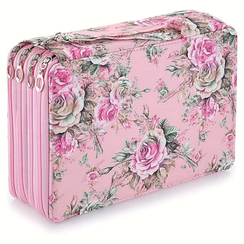 200 Holes Pencil Case Colored Pencil Holder Pen Storage Bag Zipper Rose Green
