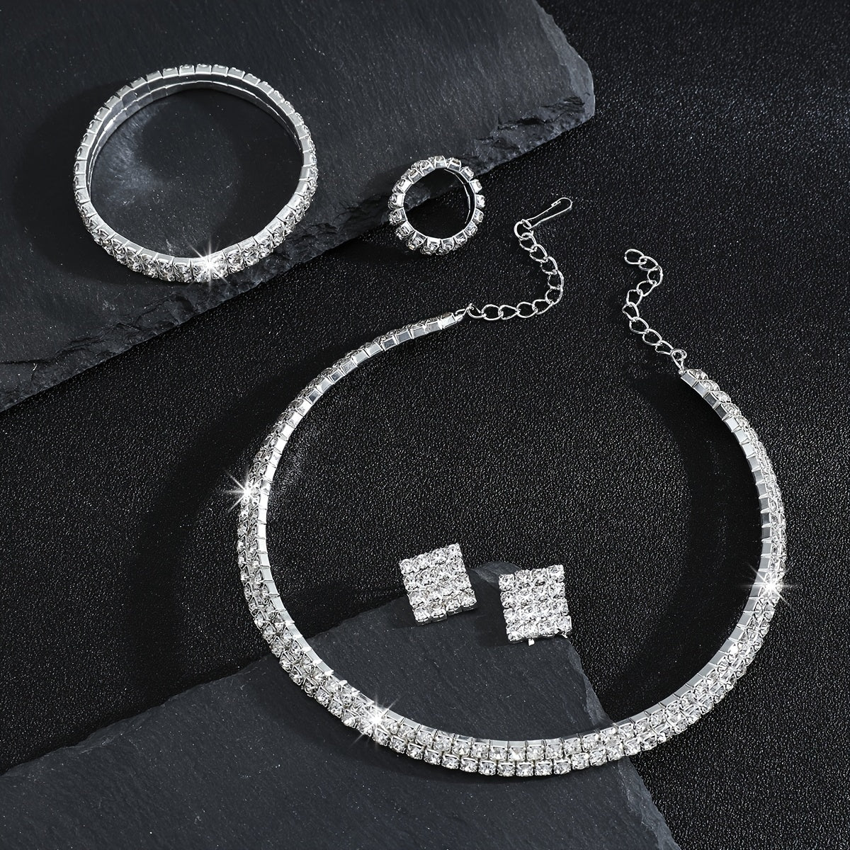 Rhinestone Crystal Jewelry Set: Choker Necklace, Earrings, Bracelet & Ring