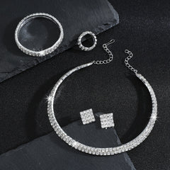 Rhinestone Crystal Jewelry Set: Choker Necklace, Earrings, Bracelet & Ring