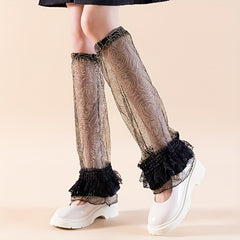 Sheer Ruffle Knee High Socks Lace Mesh Leg Warmers