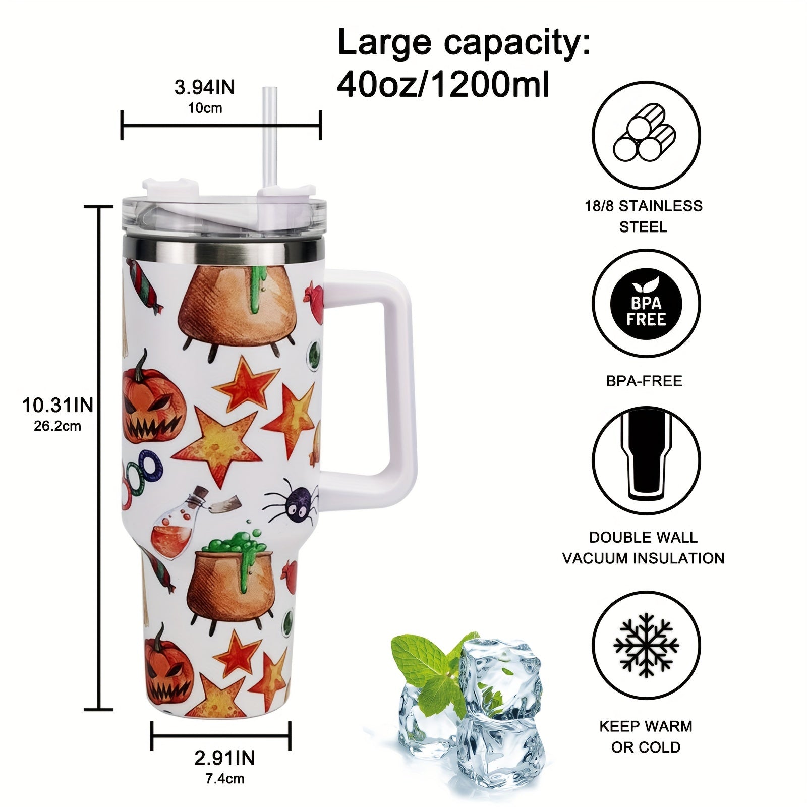Halloween Pumpkin Print Tumbler 40oz Car Cup with Straw & Handle