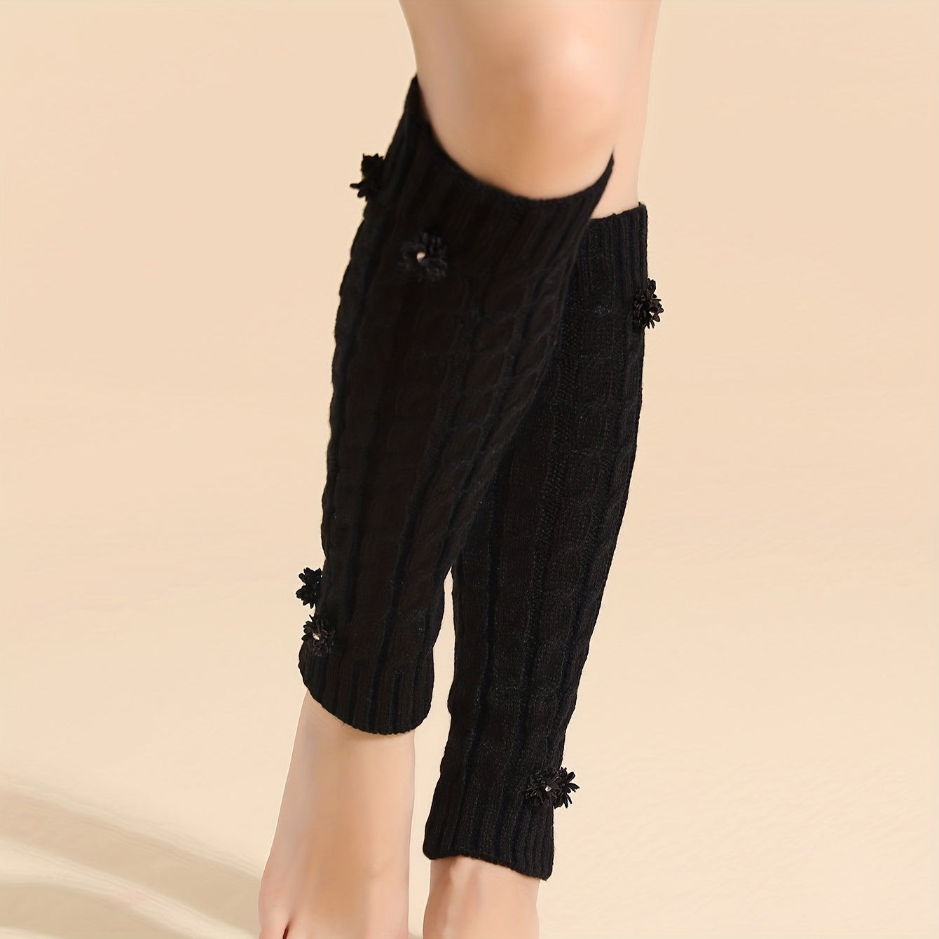 Floral Applique Leg Warmers Knitted Knee High Socks