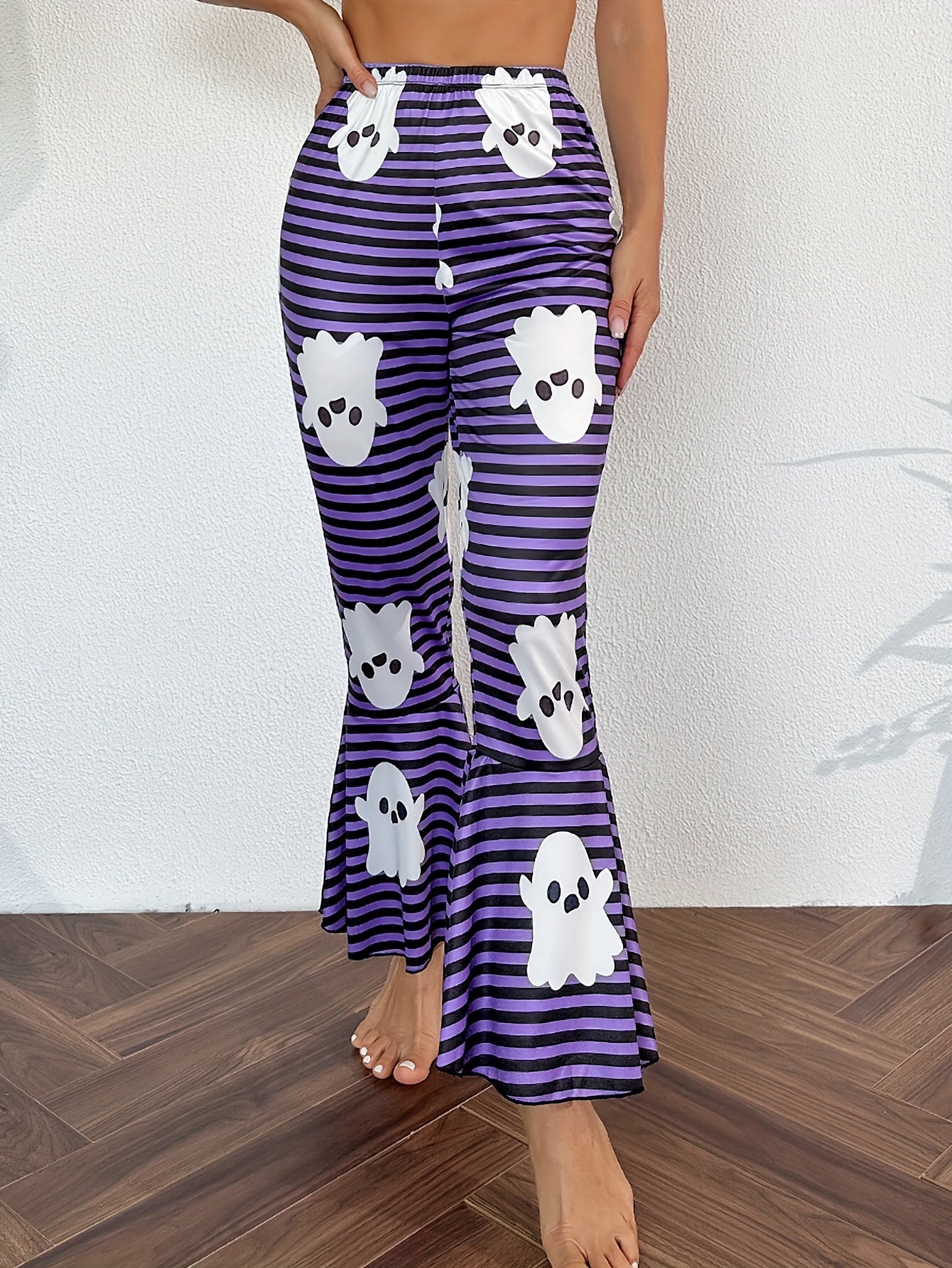 Ghost Stripe Print Lounge Pants Halloween Elastic Waistband Flare Pants