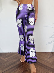 Ghost Stripe Print Lounge Pants Halloween Elastic Waistband Flare Pants