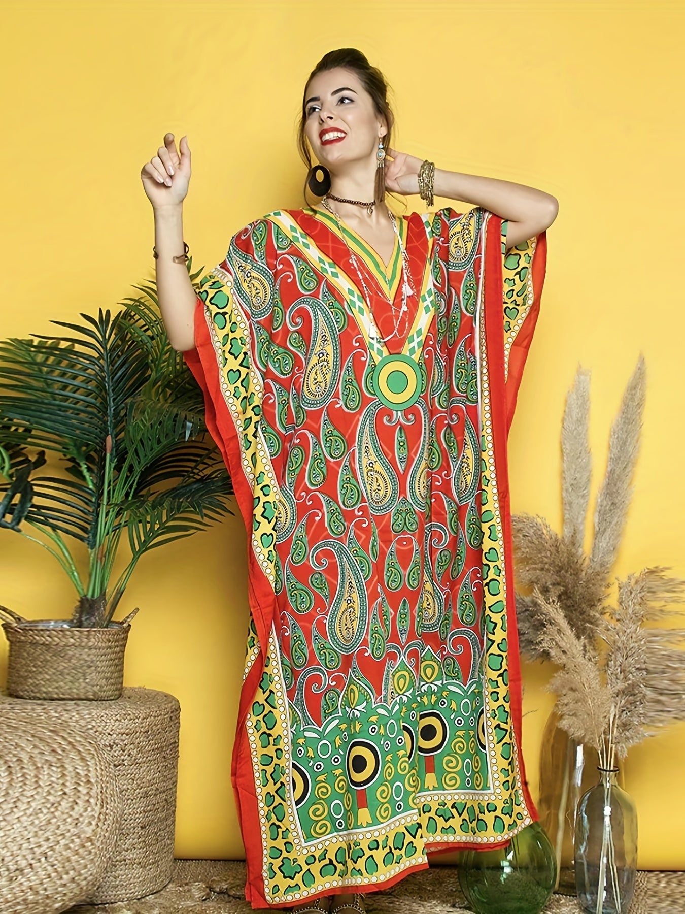 Boho Cover Up African Ethnic Print Bat Sleeve V Neck Split Dress