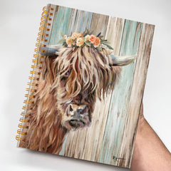 Highland Cow Notebook Rustic Wooden Background 13x21cm 50 Pages