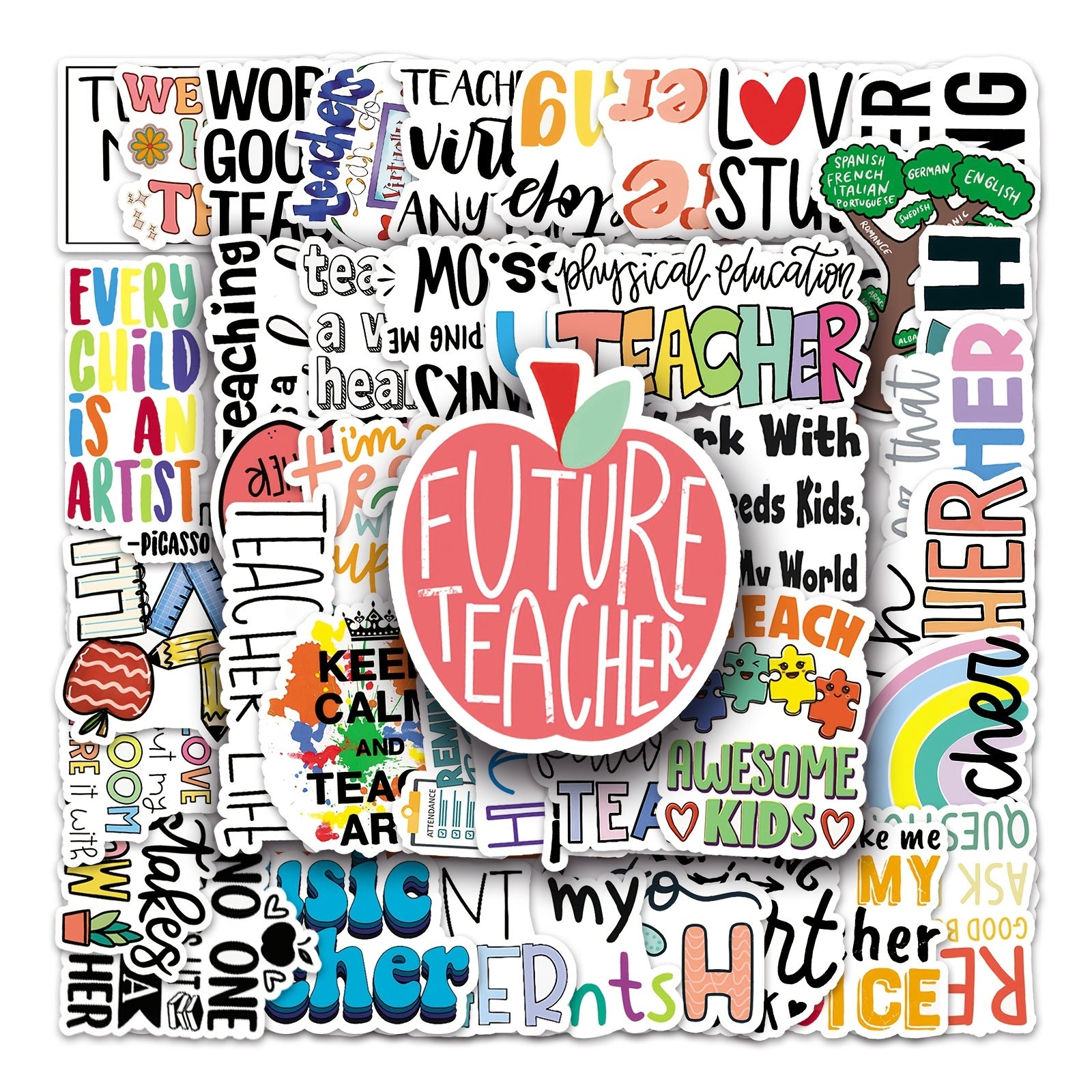 50pcs Teacher Themed Waterproof Stickers for Bottles Laptops & Scrapbooks