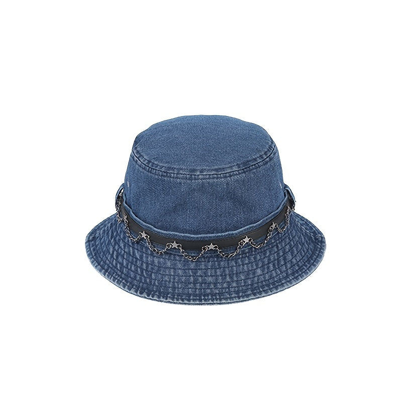 Metal Chain Denim Bucket Hat Distressed Hip Hop Fisherman Cap